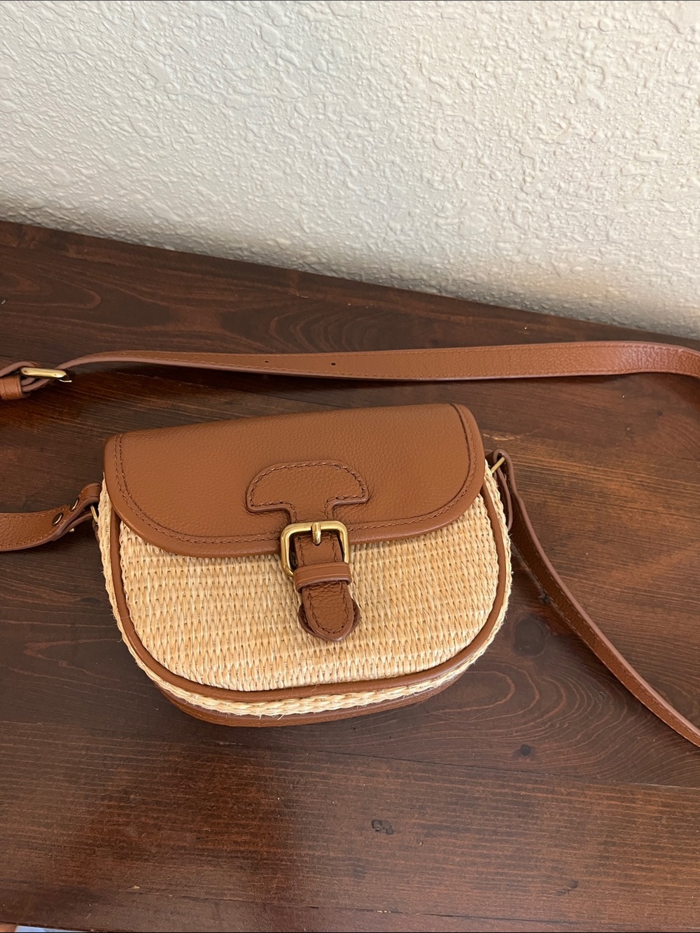 Woven Straw Saddle Crossbody Bag with Brown Leather Trim - Picture 3 of 10